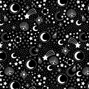 Mystic Universe party sun moon phase and stars sweet dreams monochrome black and white night