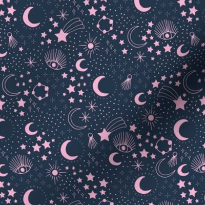 Mystic Universe party sun moon phase and stars sweet dreams navy blue night pink