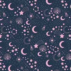 Mystic Universe party sun moon phase and stars sweet dreams navy blue night pink