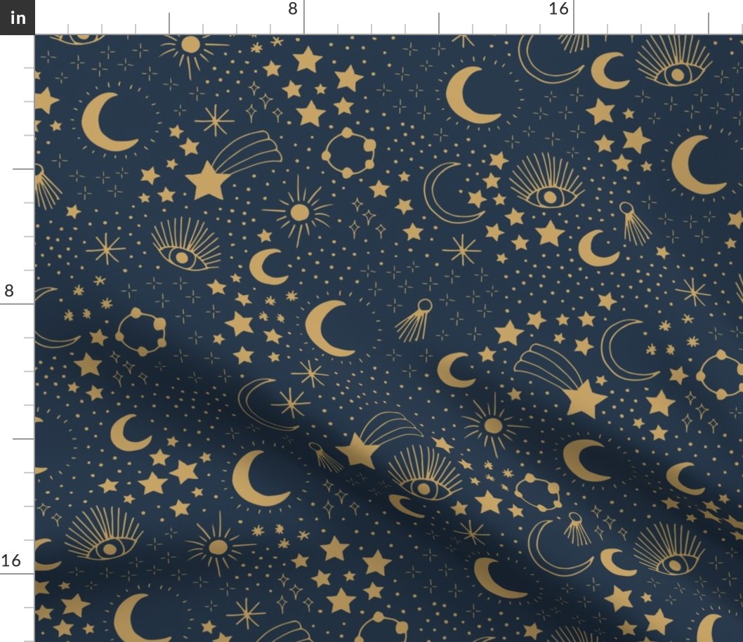 Mystic Universe party sun moon phase and stars sweet dreams navy blue night golden brown LARGE