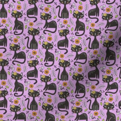 Black Cats & Flowers on Light Purple Smaller 1,5 inch