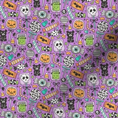 Trick or Treat Halloween Fall Candy on Dark Purple Smaller 1,5 inch