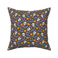 Skulls,Flowers,Pumpkins and Bats Halloween Fall Doodle Purple on Black Smaller 1,5 inch