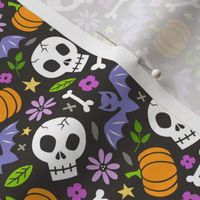 Skulls,Flowers,Pumpkins and Bats Halloween Fall Doodle Purple on Black Smaller 1,5 inch