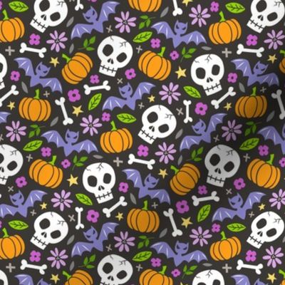 Skulls,Flowers,Pumpkins and Bats Halloween Fall Doodle Purple on Black Smaller 1,5 inch