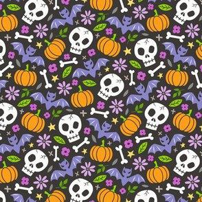 Skulls,Flowers,Pumpkins and Bats Halloween Fall Doodle Purple on Black Smaller 1,5 inch
