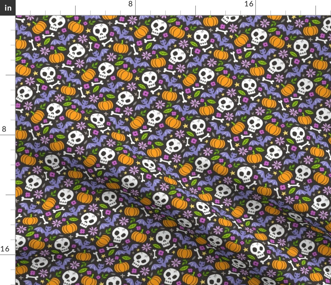 Skulls,Flowers,Pumpkins and Bats Halloween Fall Doodle Purple on Black Smaller 1,5 inch