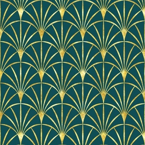 Art Deco emerald green thin gold fans Wallpaper