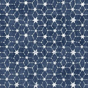 Constellations Block Print in Blue Grey Denim | Geometric fabric, stars fabric, Moroccan tile pattern, faded denim boho print.