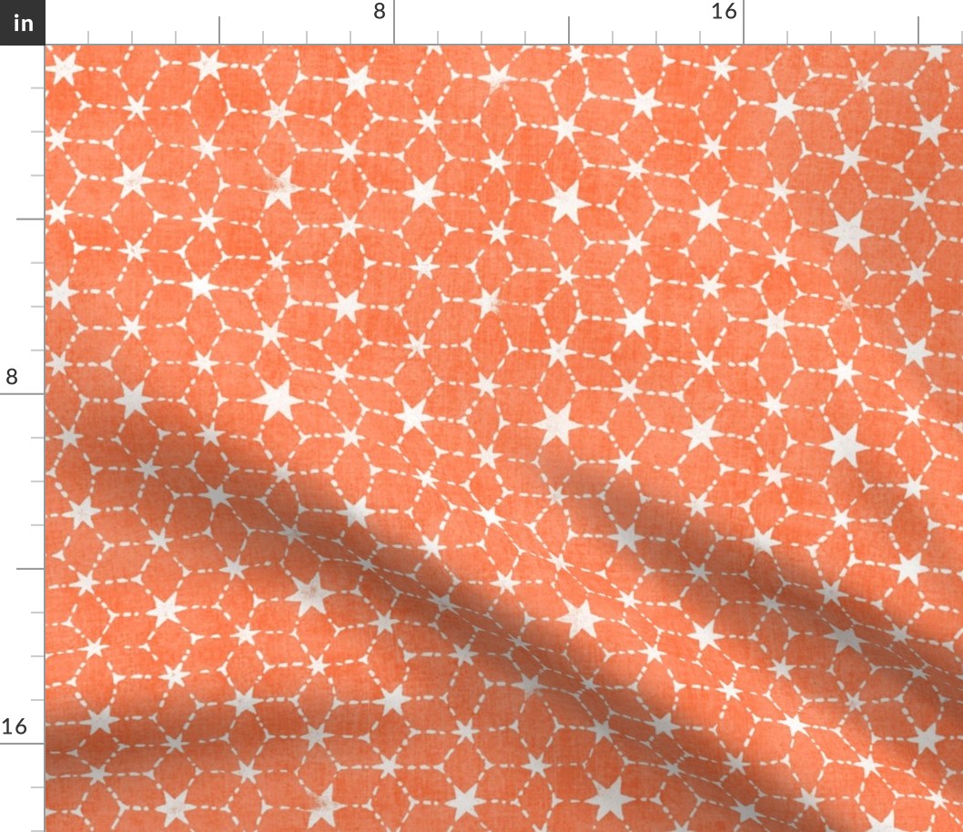 Constellations Block Print in Tangerine (xl scale) | Geometric stars fabric, Moroccan tile pattern, bright orange boho print.