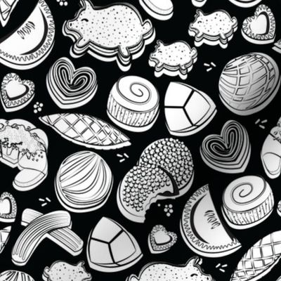 Small scale // Mexican Sweet Bakery Frenzy // black background white colouring pan dulce