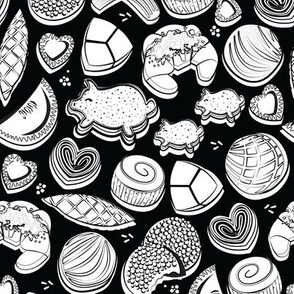 Small scale // Mexican Sweet Bakery Frenzy // black background white colouring pan dulce