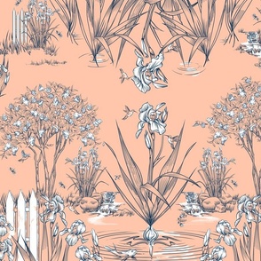 Toile Iris Pond Pattern  | Salmon+Navy+White