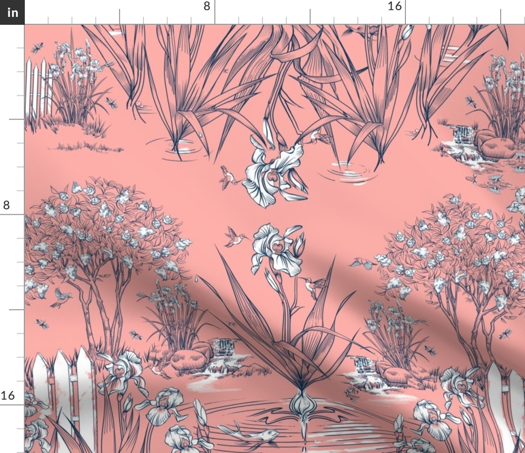 Toile Iris Pond Pattern | Pink+Navy+White