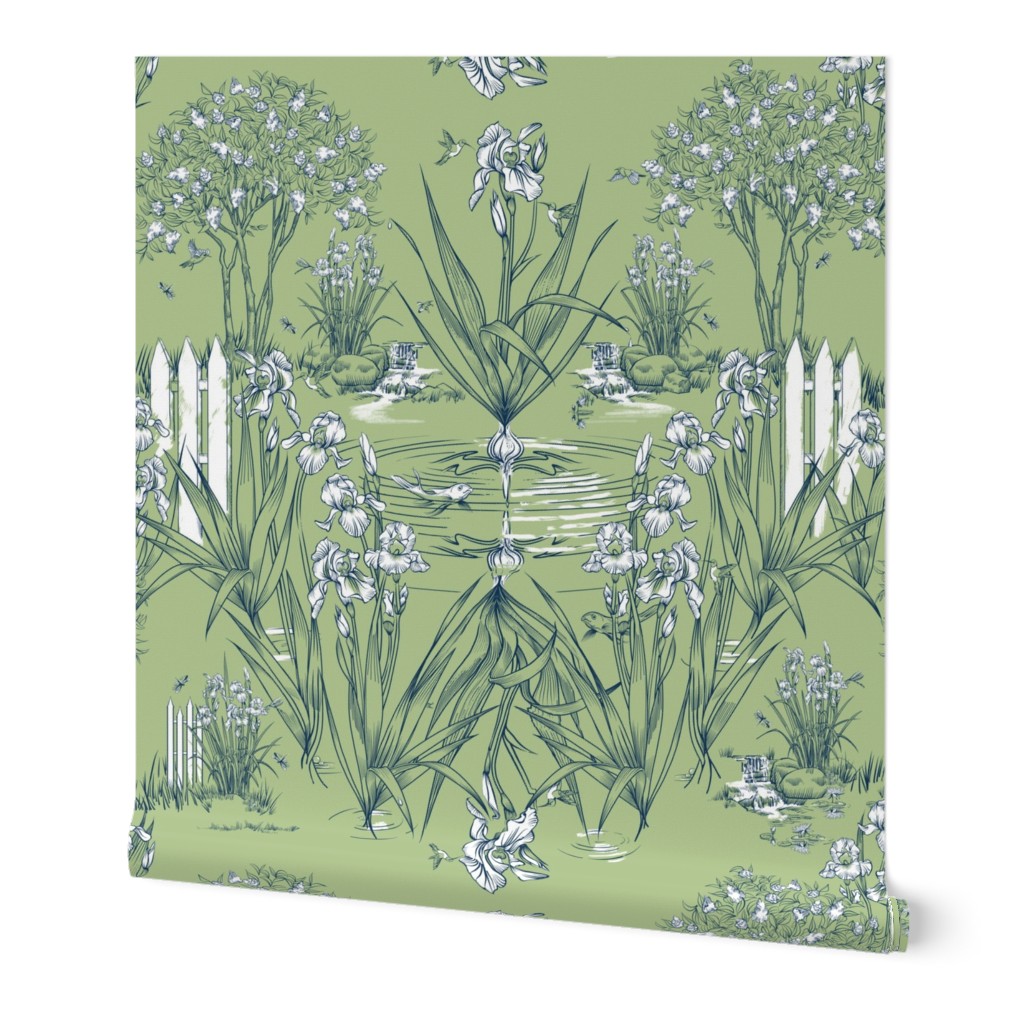 Toile Iris Pond Pattern | Celery Green+Navy+White