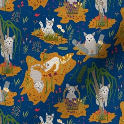 Antics of a Kitten- Electric Blue Toile- Small Scale