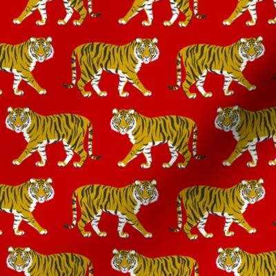 Tiger Parade -Ochre on Red small by Heather Anderson