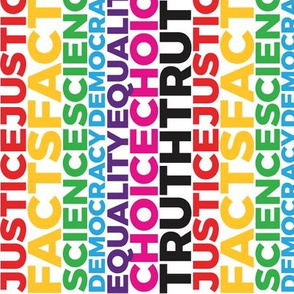 Justice plus 18 x 21 repeat colorful type on white background