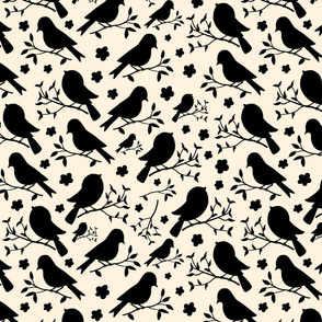 Sweet Birdsong - Black silhouettes on creamy beige, large 