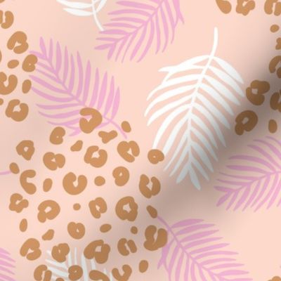 Summer palm leaves and wild cat leopard spots jungle print nursery kids peach pink cinnamon brown girls