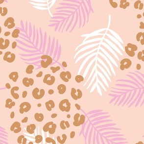 Summer palm leaves and wild cat leopard spots jungle print nursery kids peach pink cinnamon brown girls