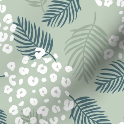 Summer palm leaves and wild cat leopard spots jungle print nursery kids sage green moss forest