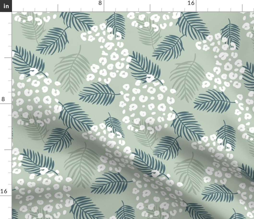 Summer palm leaves and wild cat leopard spots jungle print nursery kids sage green moss forest