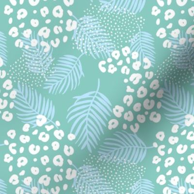 Summer palm leaves and wild cat leopard spots jungle print nursery kids neutral mint green blue white