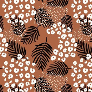 Summer palm leaves and wild cat leopard spots jungle print nursery kids neutral rust copper black and white