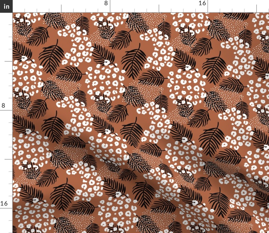 Summer palm leaves and wild cat leopard spots jungle print nursery kids neutral rust copper black and white