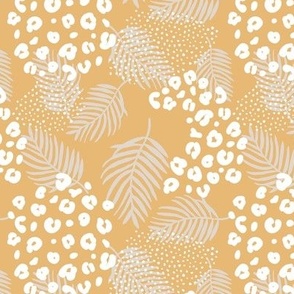 Summer palm leaves and wild cat leopard spots jungle print nursery kids yellow honey white neutral