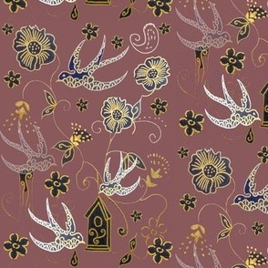 The English Wild Wood Walk Toile  - Art Nouveau - Plum - With Gold Detail