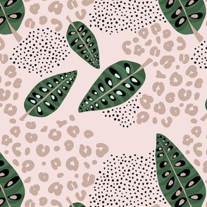 Jungle leaves boho summer tropical maranta prayer plant and leopard panther spots army green beige latte
