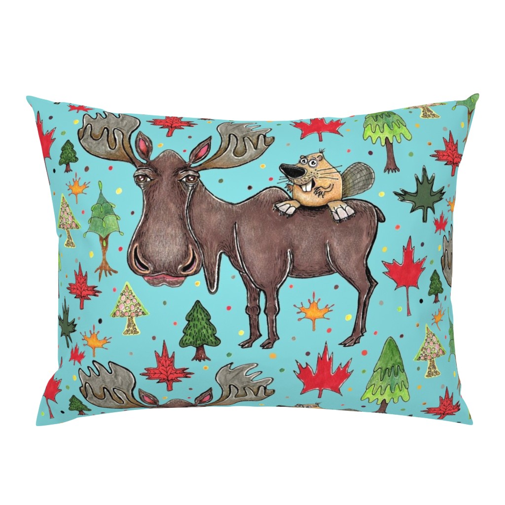 Canada Canadian wildlife moose and beaver, jumbo large scale, aqua blue green red yellow brown gray orange trees maple leaf 