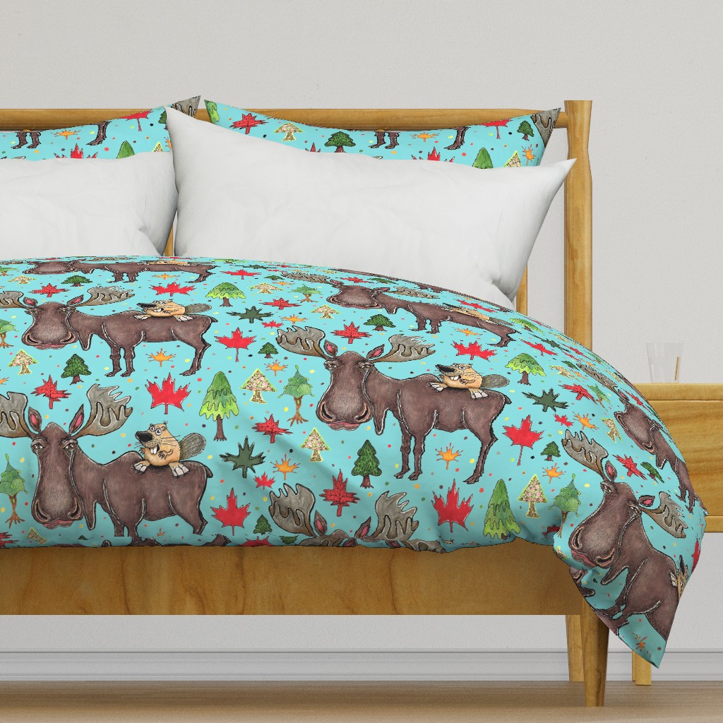 Canada Canadian wildlife moose and beaver, jumbo large scale, aqua blue green red yellow brown gray orange trees maple leaf 