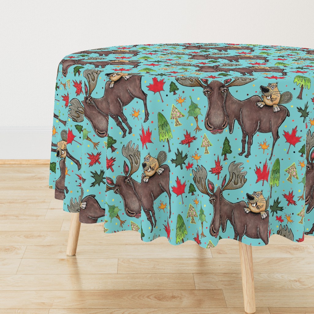 Canada Canadian wildlife moose and beaver, jumbo large scale, aqua blue green red yellow brown gray orange trees maple leaf 