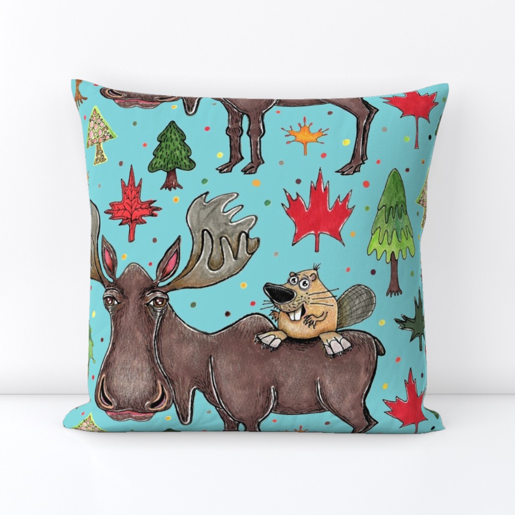 Canada Canadian wildlife moose and beaver, jumbo large scale, aqua blue green red yellow brown gray orange trees maple leaf 