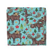 Canada Canadian wildlife moose and beaver, jumbo large scale, aqua blue green red yellow brown gray orange trees maple leaf 