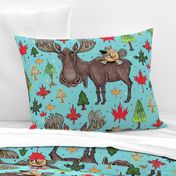 Canada Canadian wildlife moose and beaver, jumbo large scale, aqua blue green red yellow brown gray orange trees maple leaf 