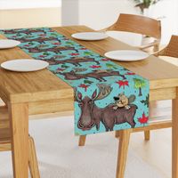 Canada Canadian wildlife moose and beaver, jumbo large scale, aqua blue green red yellow brown gray orange trees maple leaf 