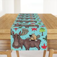 Canada Canadian wildlife moose and beaver, jumbo large scale, aqua blue green red yellow brown gray orange trees maple leaf 