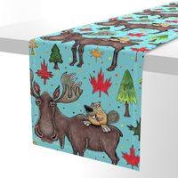 Canada Canadian wildlife moose and beaver, jumbo large scale, aqua blue green red yellow brown gray orange trees maple leaf 