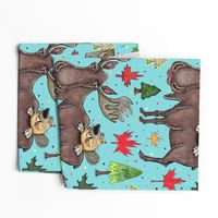 Canada Canadian wildlife moose and beaver, jumbo large scale, aqua blue green red yellow brown gray orange trees maple leaf 