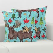 Canada Canadian wildlife moose and beaver, jumbo large scale, aqua blue green red yellow brown gray orange trees maple leaf 