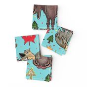 Canada Canadian wildlife moose and beaver, jumbo large scale, aqua blue green red yellow brown gray orange trees maple leaf 