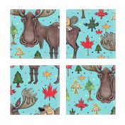 Canada Canadian wildlife moose and beaver, jumbo large scale, aqua blue green red yellow brown gray orange trees maple leaf 