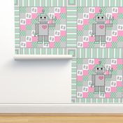 Mint & Pink Robot Cheater Quilt Panel