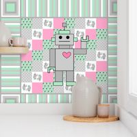 Mint & Pink Robot Cheater Quilt Panel