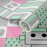 Mint & Pink Robot Cheater Quilt Panel