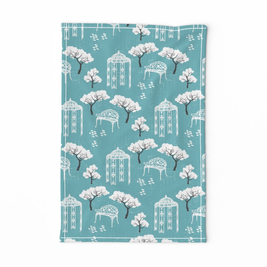 Vintage Toile gazebo garden modern blue turquoise Wallpaper